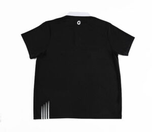 A black shirt with white stripes on the bottom of it.