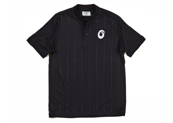 A black shirt with a white logo on it.