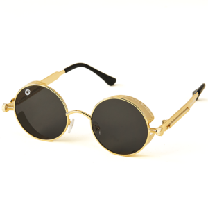 A pair of sunglasses with black lenses and gold frames.