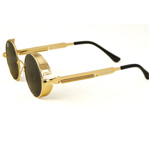 A pair of sunglasses with gold frames and black lenses.