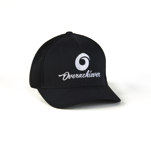 A black hat with the word " overachiever ".