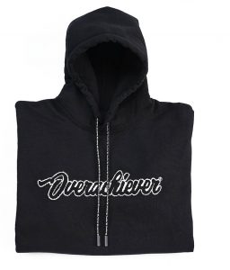 A black hoodie with the word overachiever written on it.