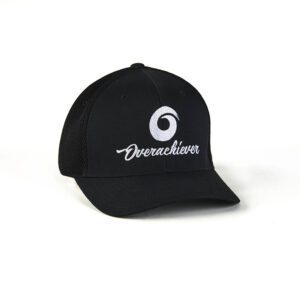 A black hat with the word overachiever on it.