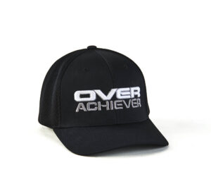 A black hat with the word " over achiever ".