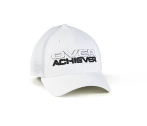 A white hat with the word over achiever on it.
