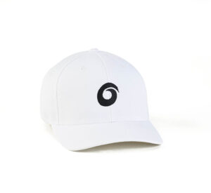 A white hat with a black logo on it.