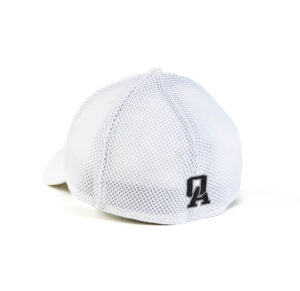 A white hat with black letters on it.