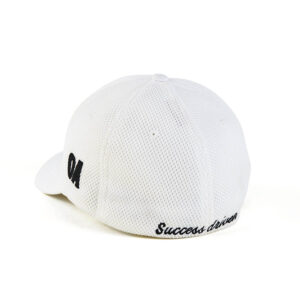 A white hat with black writing on it