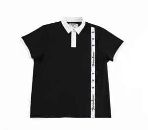 A black polo shirt with white trim and a logo on the side.